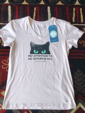 Life Is Good Light Pink Cat Graphic Tee with Green Eyes